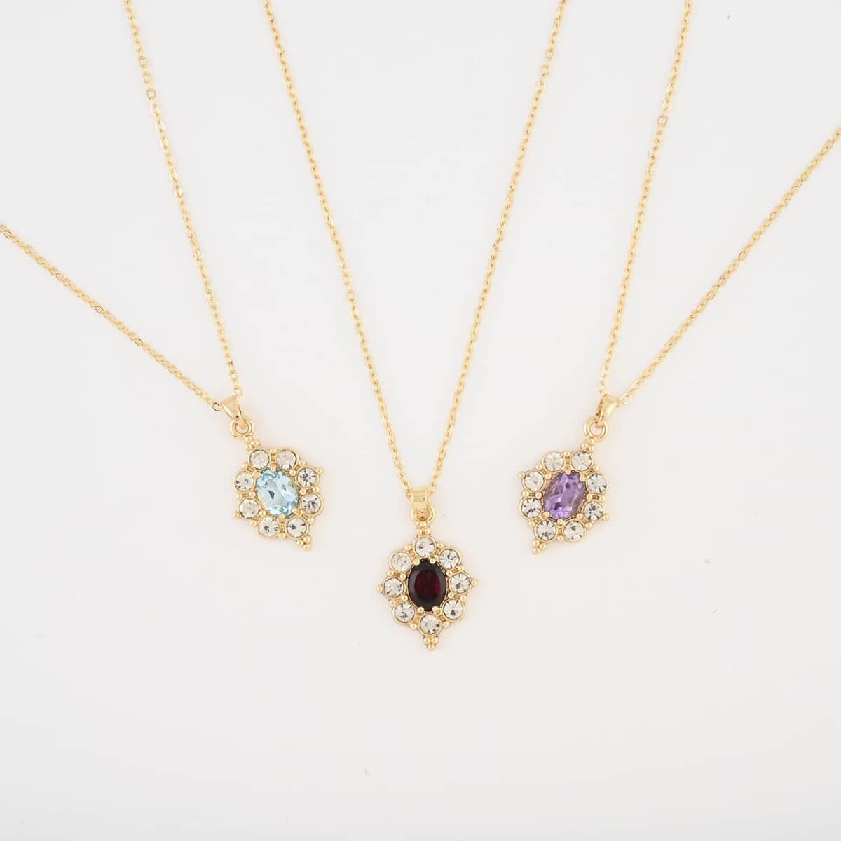 Set of 3, Simulated Garnet, Topaz and Amethyst, Simulated Diamond 12.00 ctw Necklace in Goldtone 18 Inches image number 0