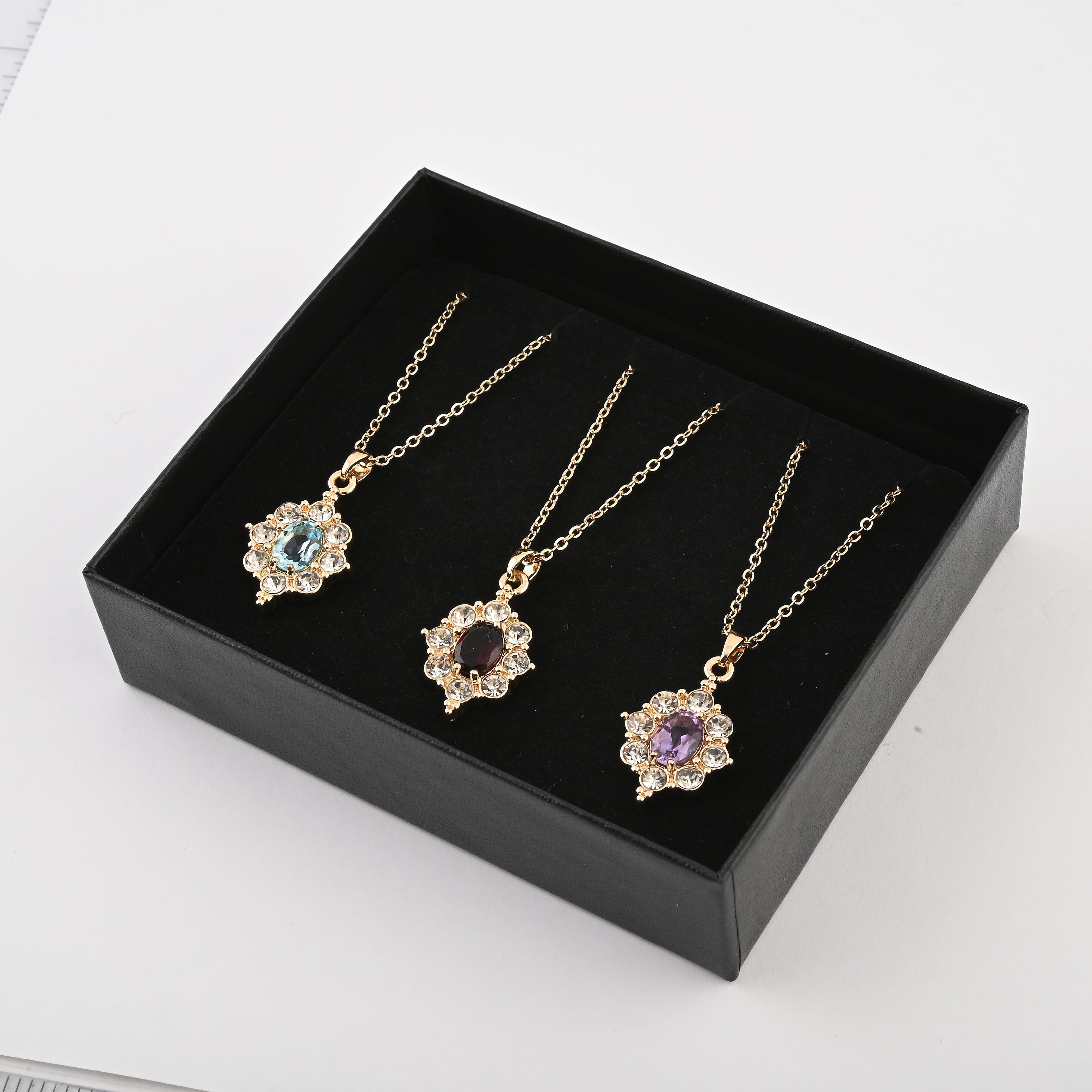 Set of 3, Simulated Garnet, Topaz and Amethyst, Simulated Diamond 12.00 ctw Necklace in Goldtone 18 Inches