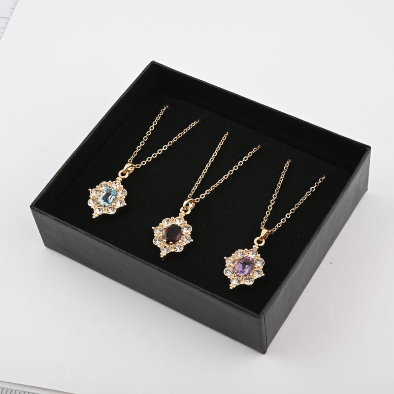 Set of 3, Simulated Garnet, Topaz and Amethyst, Simulated Diamond 12.00 ctw Necklace in Goldtone 18 Inches