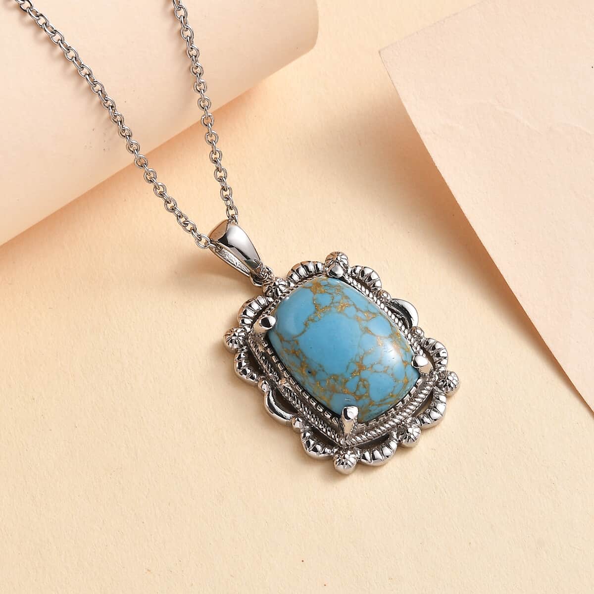 Mojave Blue Turquoise Pendant Necklace (20 Inches) in Stainless Steel 12.40 ctw image number 1