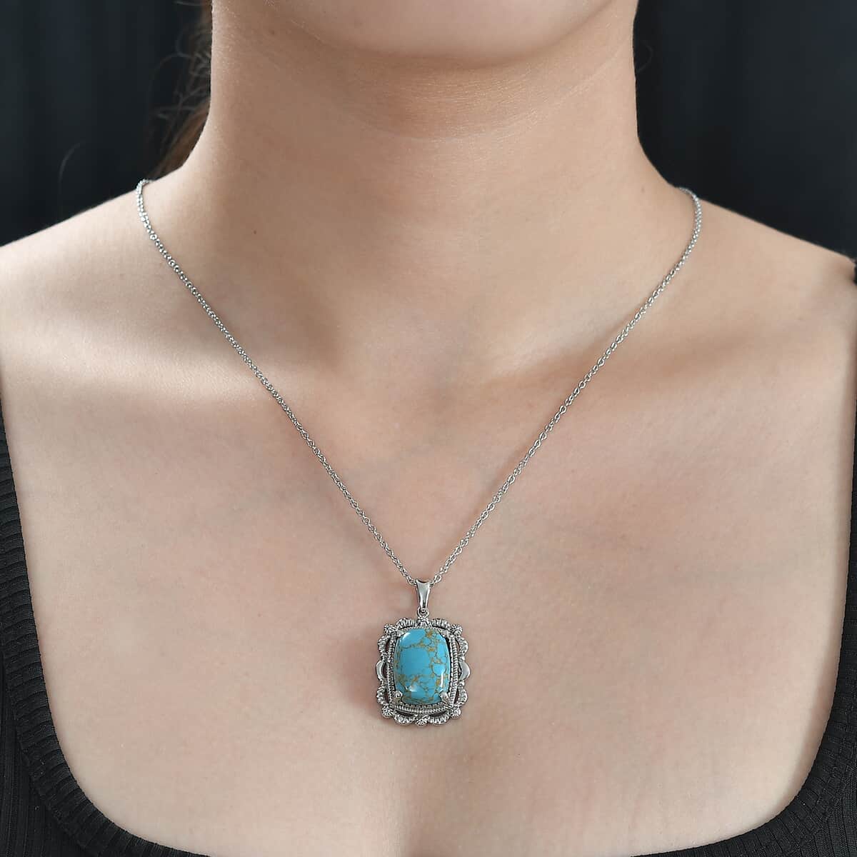 Mojave Blue Turquoise Pendant Necklace (20 Inches) in Stainless Steel 12.40 ctw image number 2