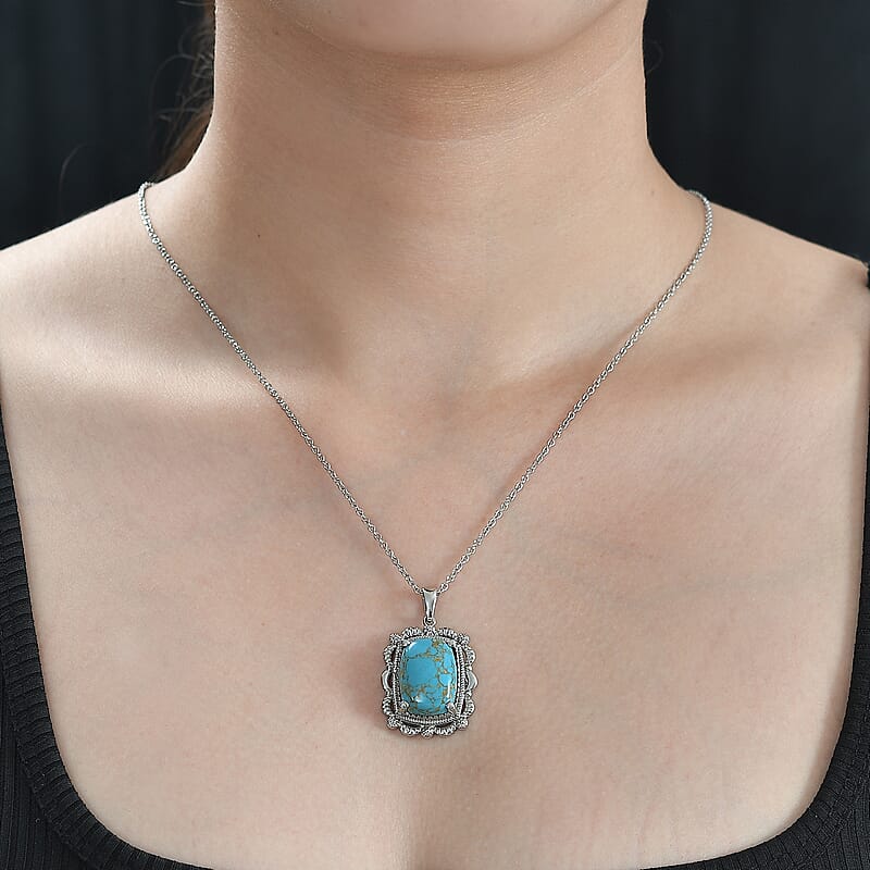 Mojave Blue Turquoise 12.40 ctw Pendant Necklace 20 Inches in Stainless Steel