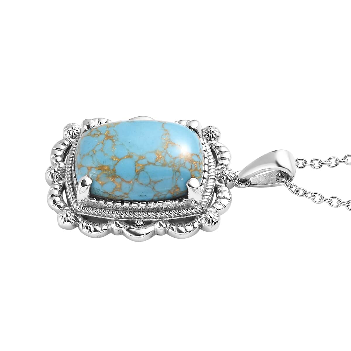 Mojave Blue Turquoise Pendant Necklace (20 Inches) in Stainless Steel 12.40 ctw image number 3