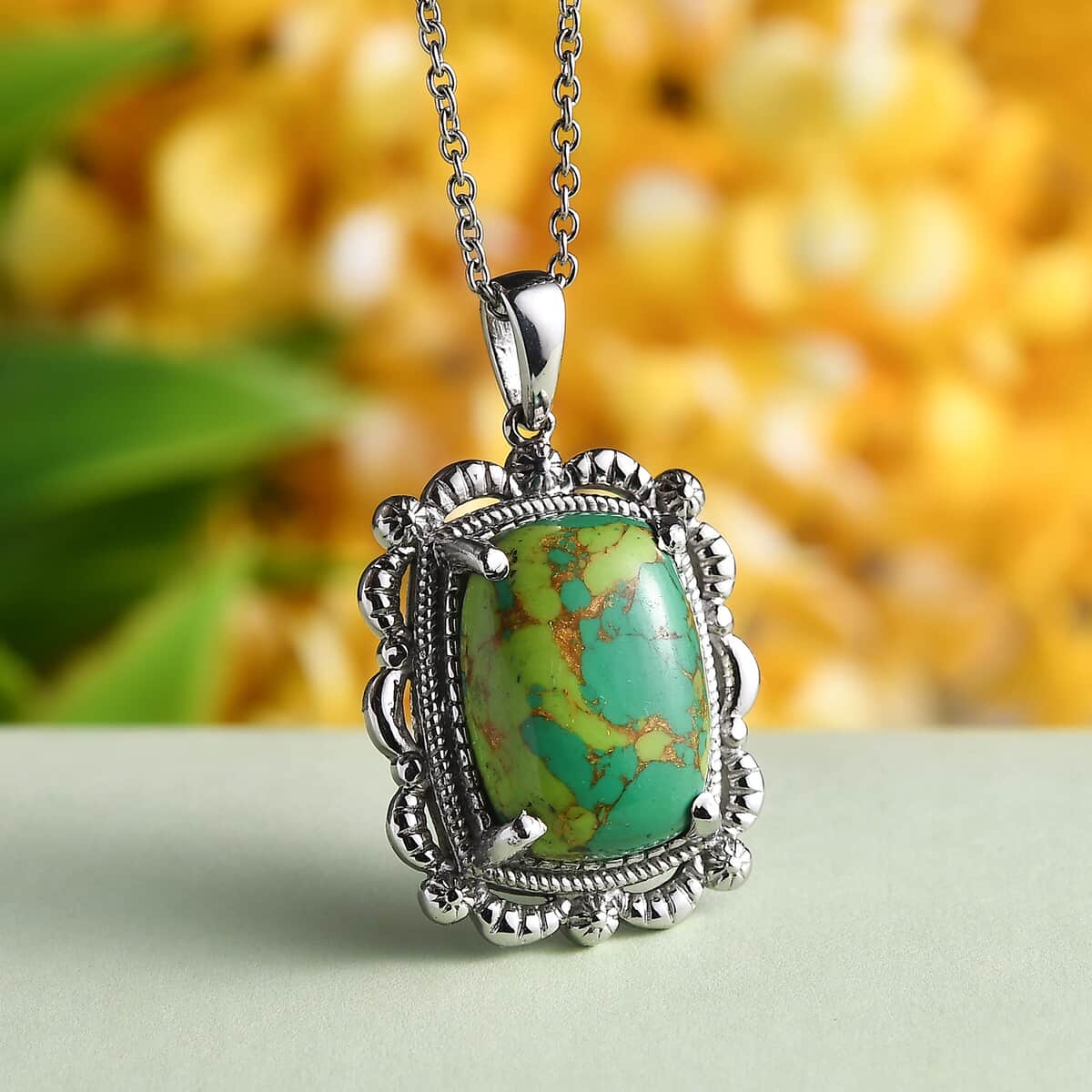 Mojave Green Turquoise 9.65 ctw Pendant Necklace 20 Inches in Stainless Steel image number 1