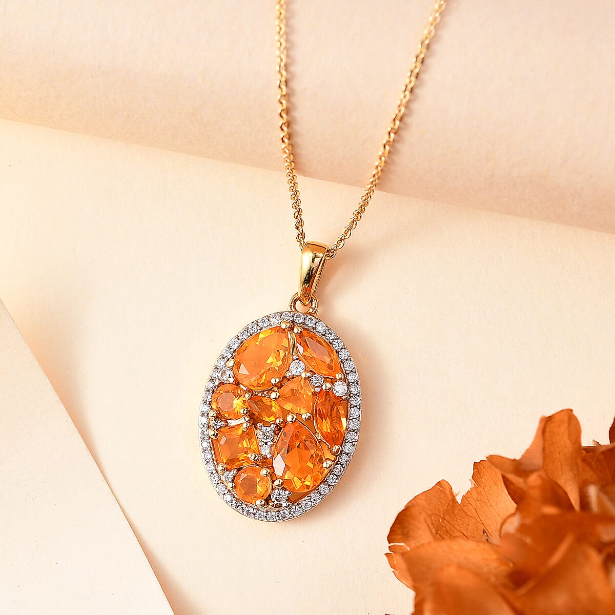 Jalisco Fire Opal and White Zircon 2.35 ctw Pendant Necklace in 18K Vermeil Yellow Gold Over Sterling Silver 20 Inches image number 1
