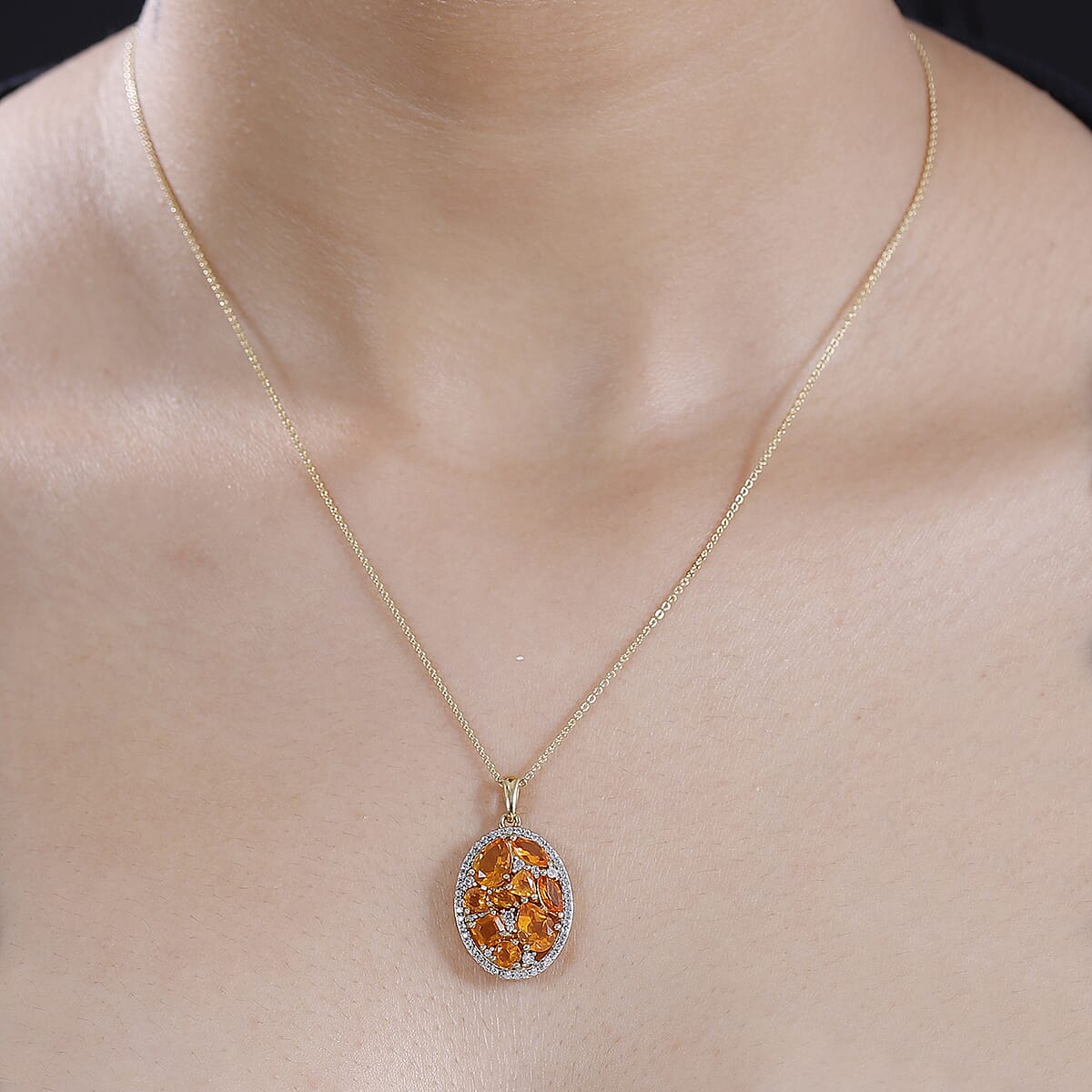 Jalisco Fire Opal and White Zircon 2.35 ctw Pendant Necklace in 18K Vermeil Yellow Gold Over Sterling Silver 20 Inches image number 2