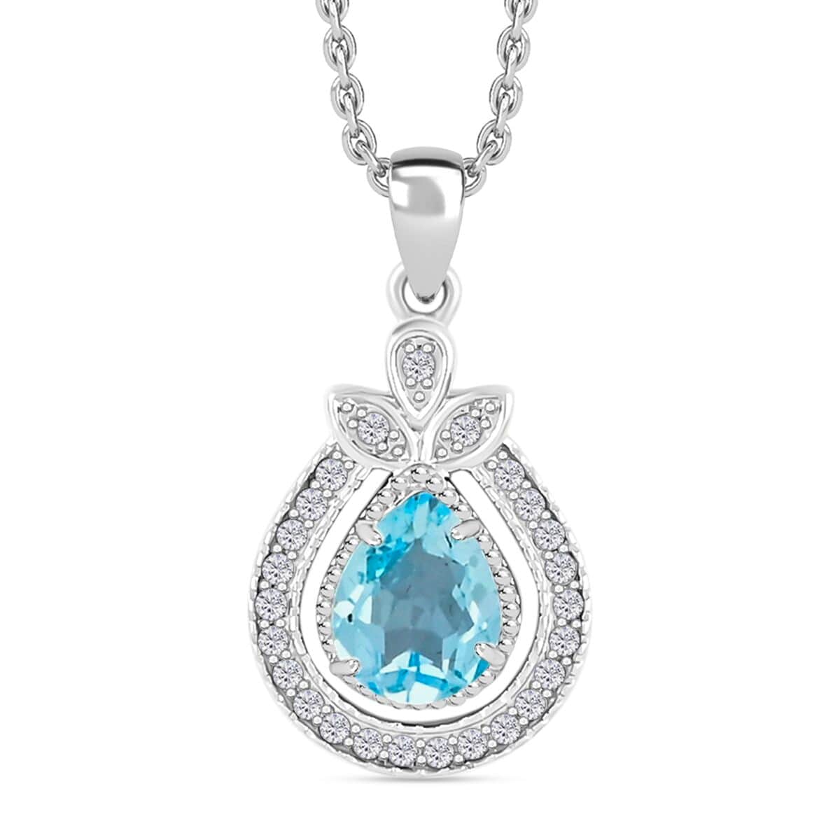 Blue Topaz and Simulated Diamond 2.85 ctw Teardrop Pendant Necklace in Silvertone 18 Inches image number 0