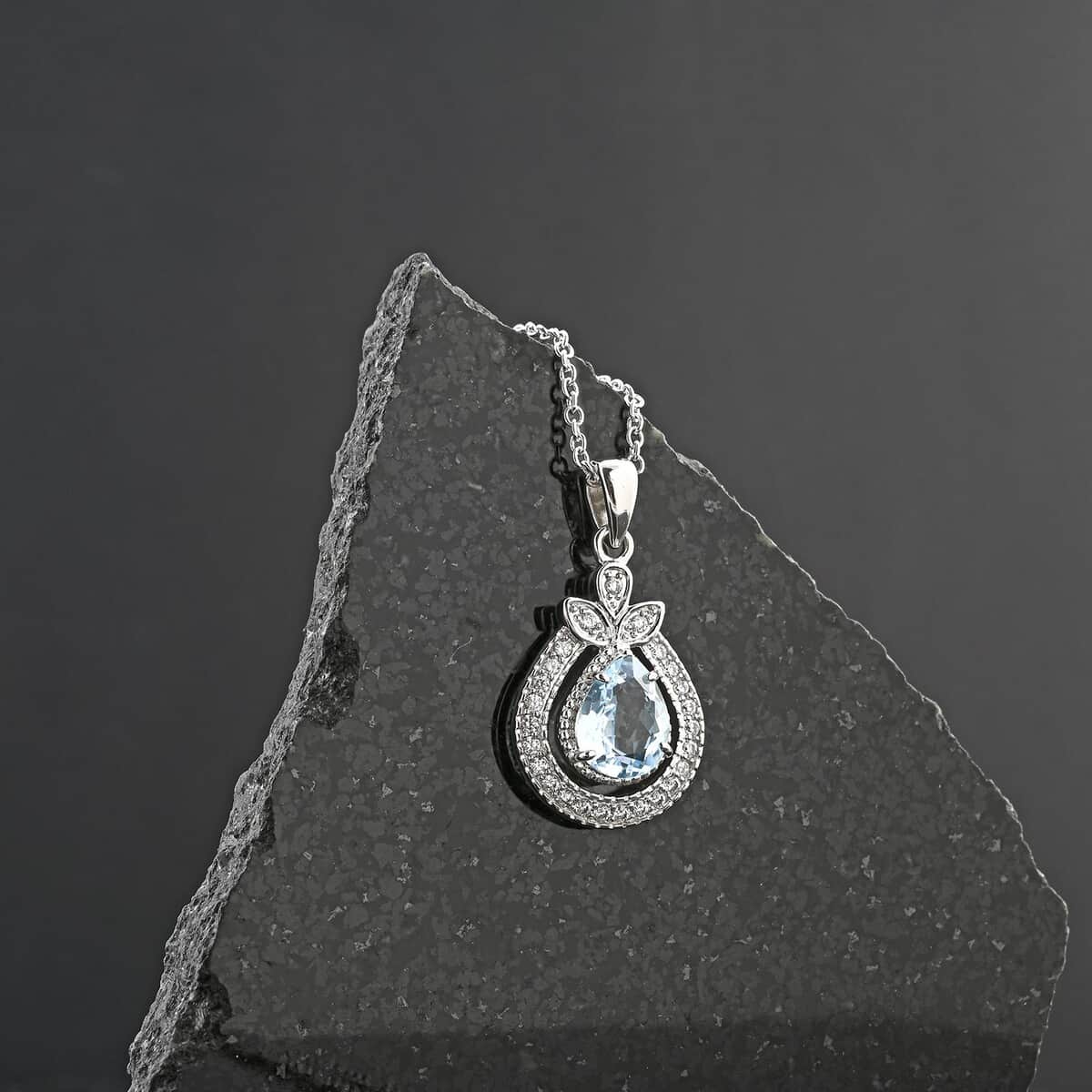 Blue Topaz and Simulated Diamond 2.85 ctw Teardrop Pendant Necklace in Silvertone 18 Inches image number 1