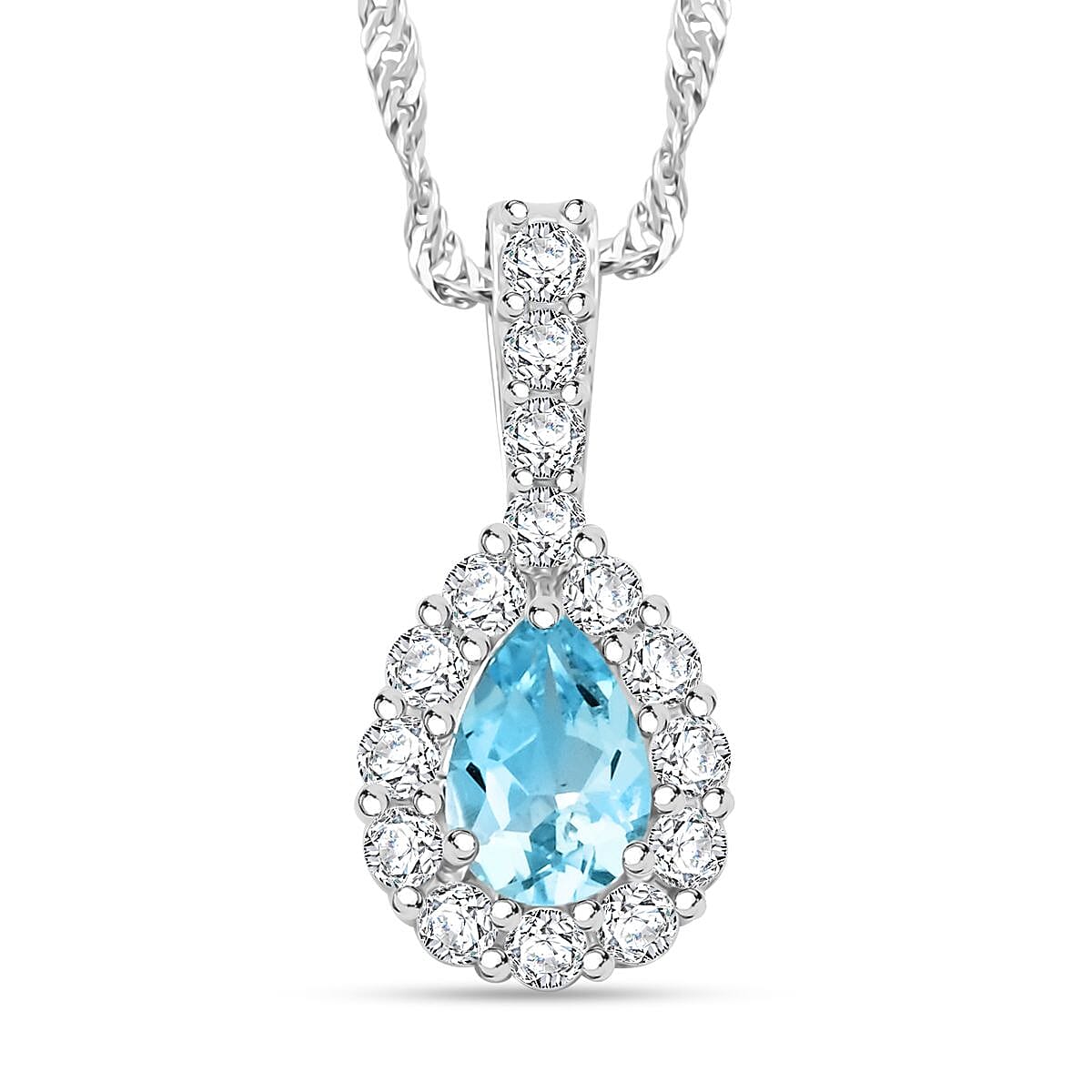 Blue Topaz and Simulated Diamond 2.15 ctw Pendant Necklace in Silvertone 18 Inches