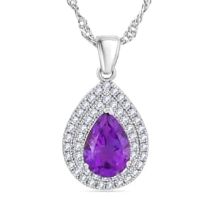 African Amethyst and Simulated Diamond 5.50 ctw Pendant Necklace in Silvertone 18 Inches