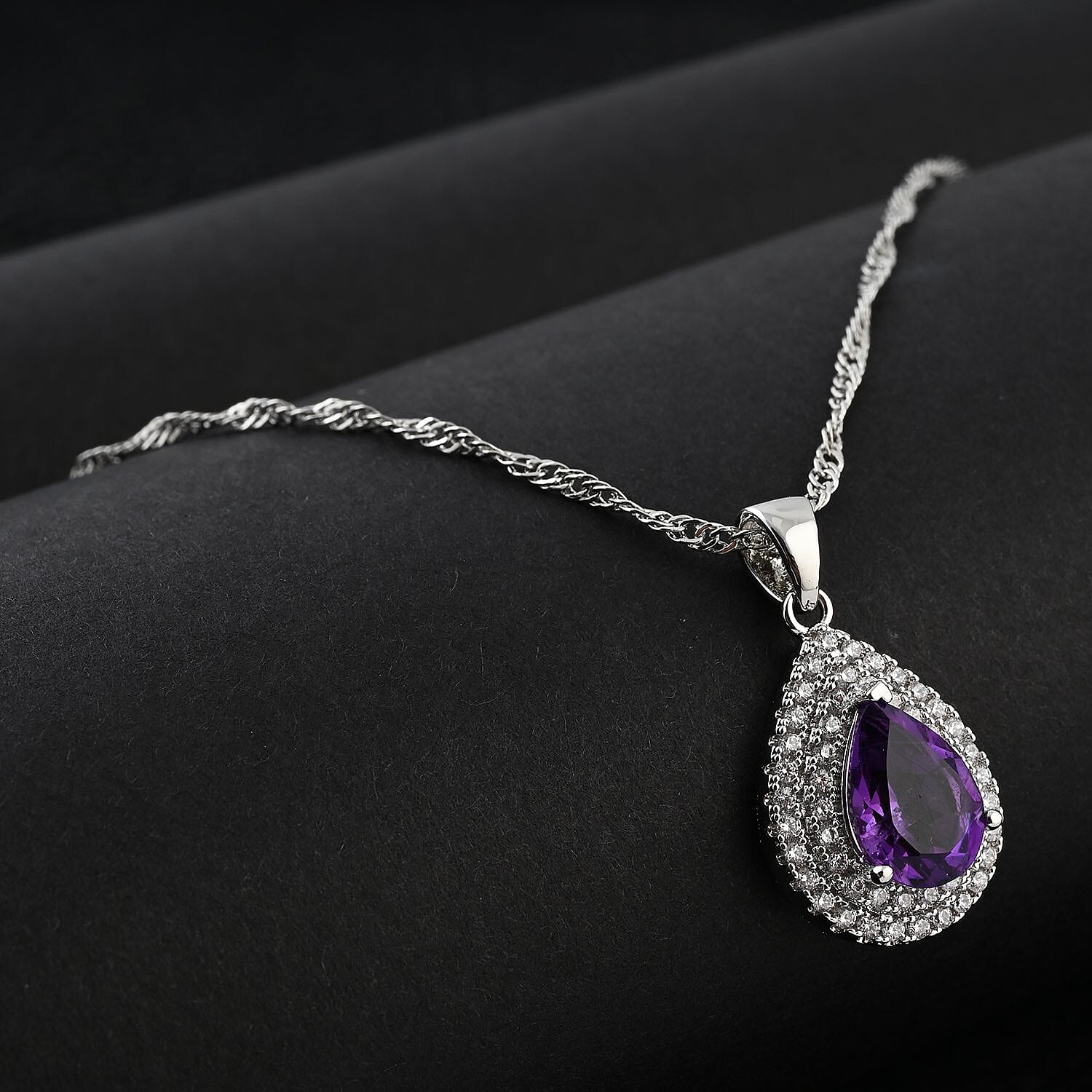 African Amethyst and Simulated Diamond 3.00 ctw Pendant Necklace in Silvertone 18 Inches