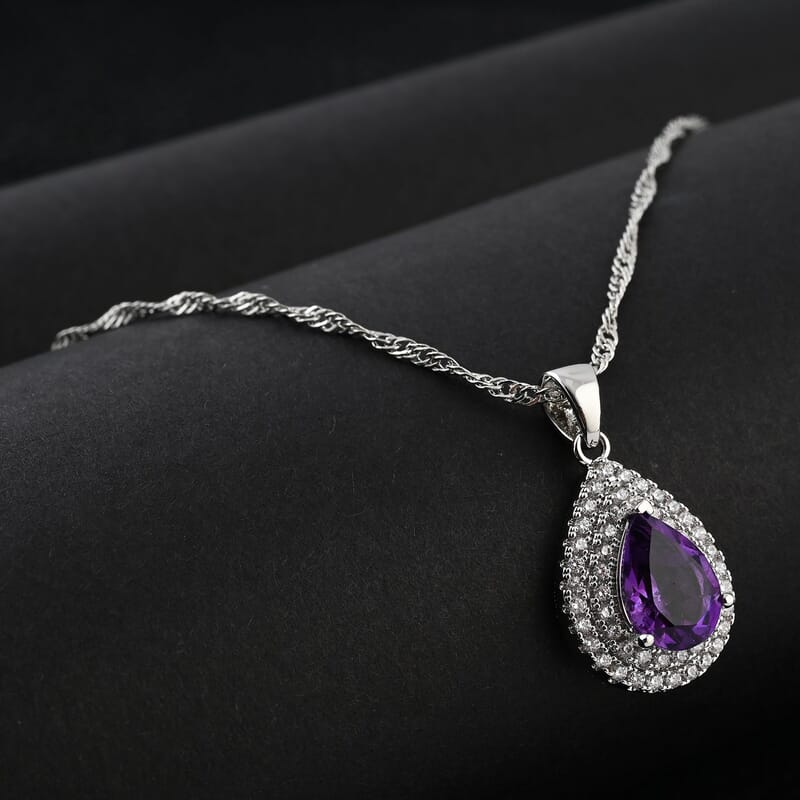 African Amethyst and Simulated Diamond 3.00 ctw Pendant Necklace in Silvertone 18 Inches