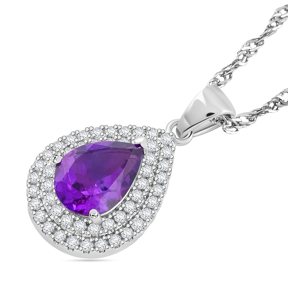African Amethyst and Simulated Diamond 3.00 ctw Pendant Necklace in Silvertone 18 Inches