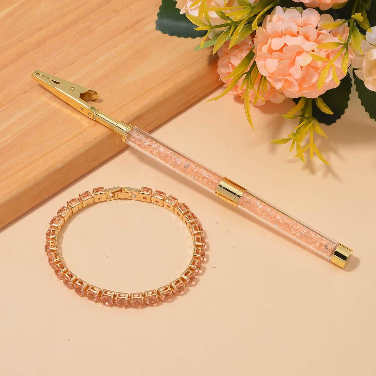 Champagne Austrian Crystal Tennis Bracelet (7.50In) and Bracelet Helper in Goldtone image number 1