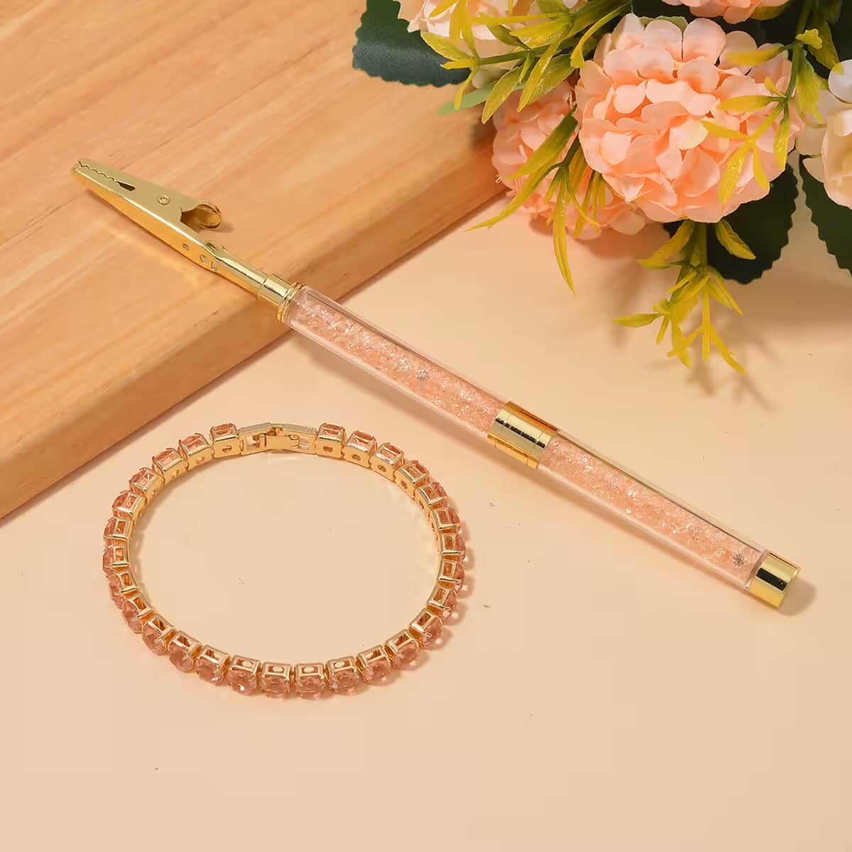 Champagne Austrian Crystal Tennis Bracelet (7.50In) and Bracelet Helper in Goldtone image number 7