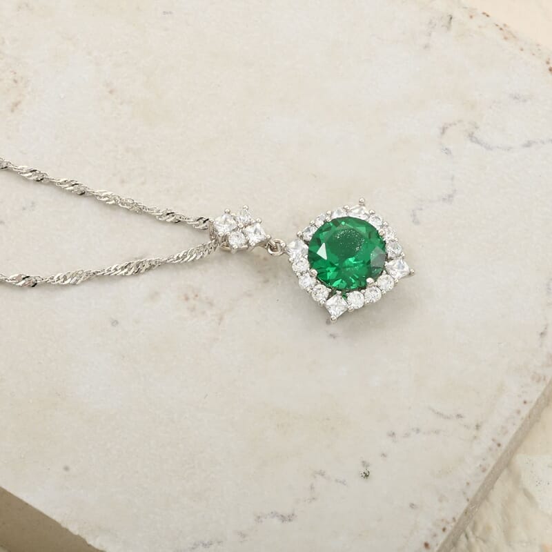 Simulated Emerald and Simulated Diamond 4.50 ctw Pendant Necklace in Silvertone 18 Inches