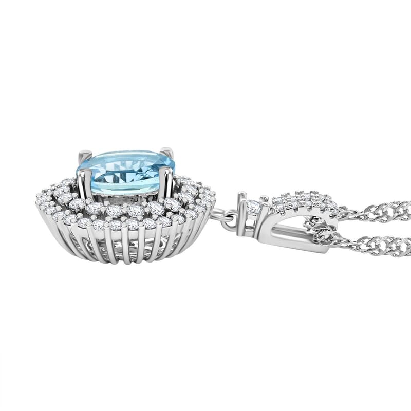 Blue Topaz and Simulated Diamond 2.30 ctw Pendant Necklace in Silvertone 18 Inches