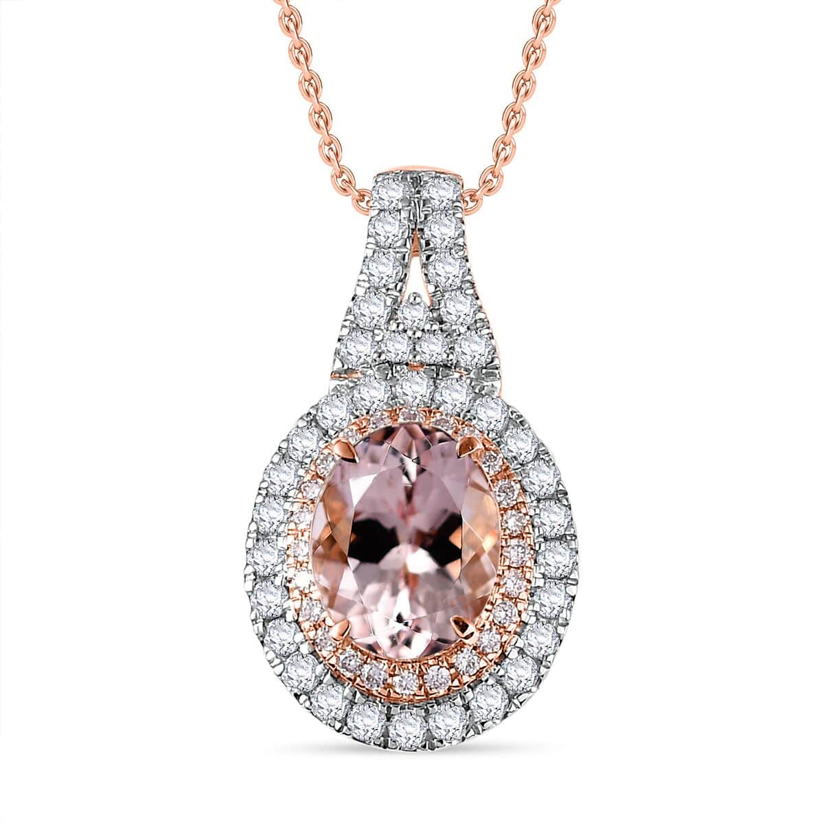 Certified & Appraised Luxoro AAA Pink Morganite and G-H I2 Diamond 2.35 ctw Double Halo Pendant Necklace 20 Inches in 14K Rose Gold image number 0