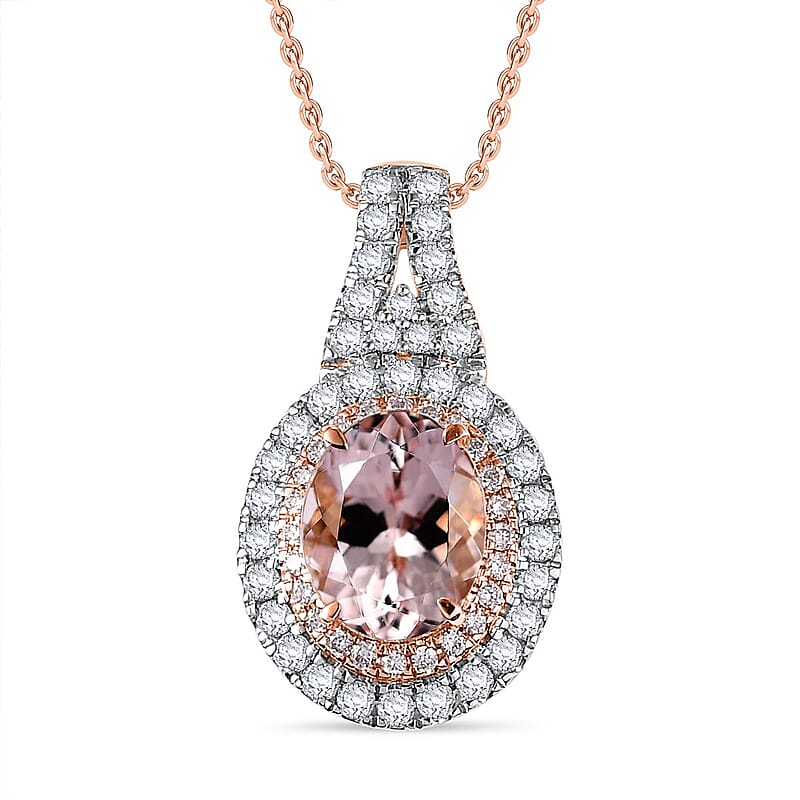 Certified & Appraised Luxoro AAA Pink Morganite and G-H I2 Diamond 2.35 ctw Double Halo Pendant Necklace 20 Inches in 14K Rose Gold