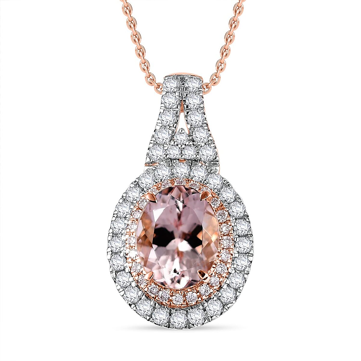 Certified & Appraised Luxoro AAA Pink Morganite and G-H I2 Diamond 2.35 ctw Double Halo Pendant Necklace 20 Inches in 14K Rose G