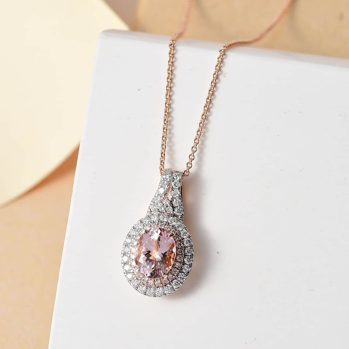 Certified & Appraised Luxoro AAA Pink Morganite and G-H I2 Diamond 2.35 ctw Double Halo Pendant Necklace 20 Inches in 14K Rose Gold image number 1