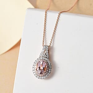 Certified & Appraised Luxoro AAA Pink Morganite and G-H I2 Diamond 2.35 ctw Double Halo Pendant Necklace 20 Inches in 14K Rose Gold
