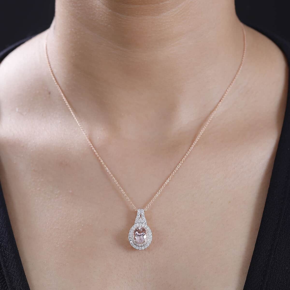 Certified & Appraised Luxoro AAA Pink Morganite and G-H I2 Diamond 2.35 ctw Double Halo Pendant Necklace 20 Inches in 14K Rose Gold image number 2