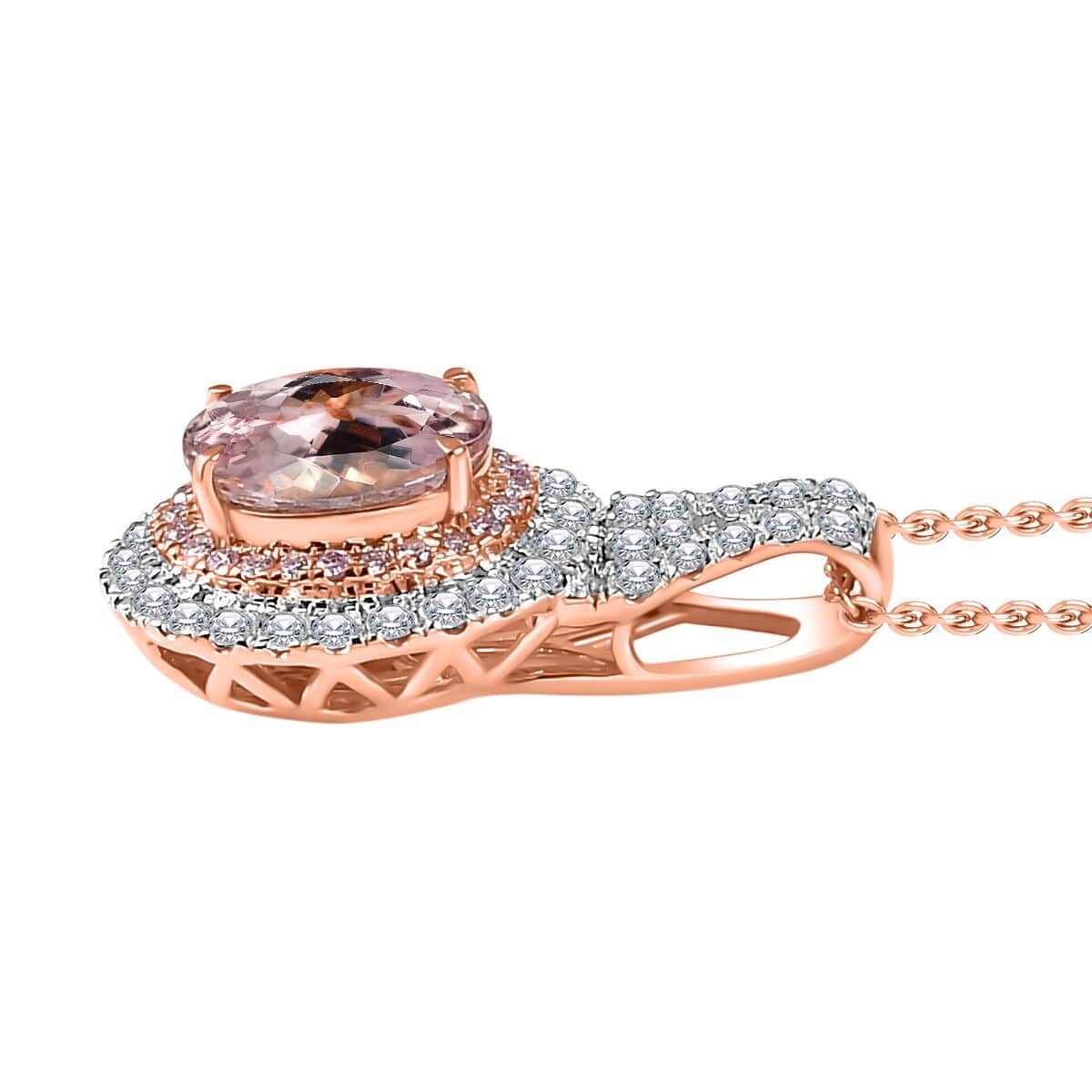 Certified & Appraised Luxoro AAA Pink Morganite and G-H I2 Diamond 2.35 ctw Double Halo Pendant Necklace 20 Inches in 14K Rose Gold image number 3