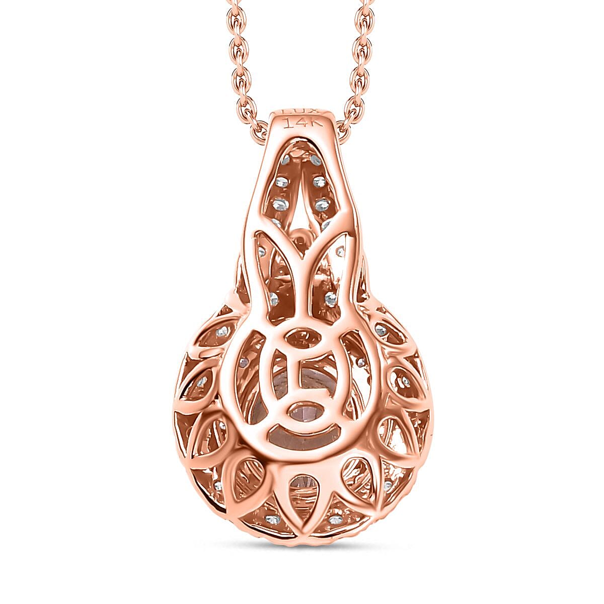 Certified & Appraised Luxoro AAA Pink Morganite and G-H I2 Diamond 2.35 ctw Double Halo Pendant Necklace 20 Inches in 14K Rose Gold