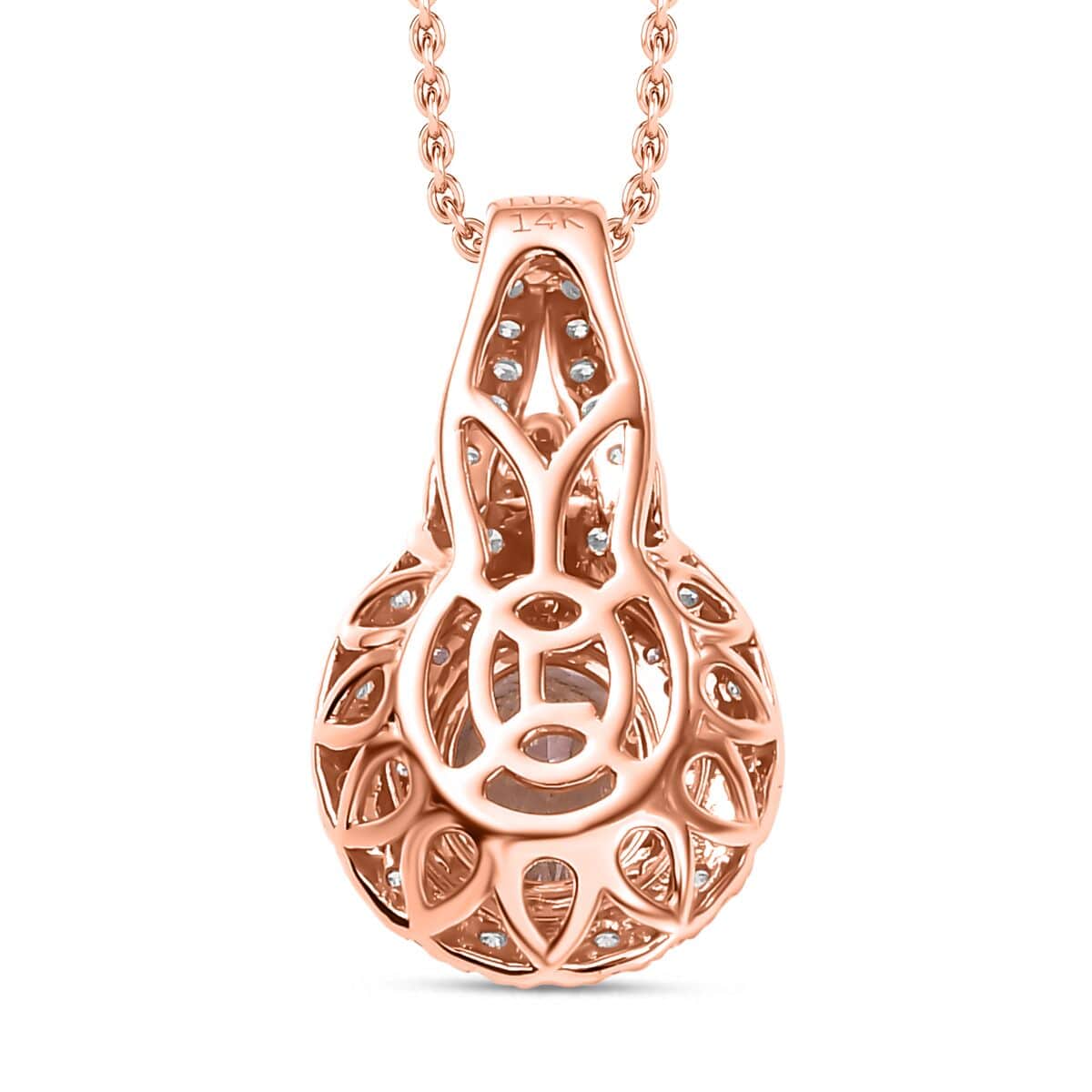 Certified & Appraised Luxoro AAA Pink Morganite and G-H I2 Diamond 2.35 ctw Double Halo Pendant Necklace 20 Inches in 14K Rose Gold image number 4