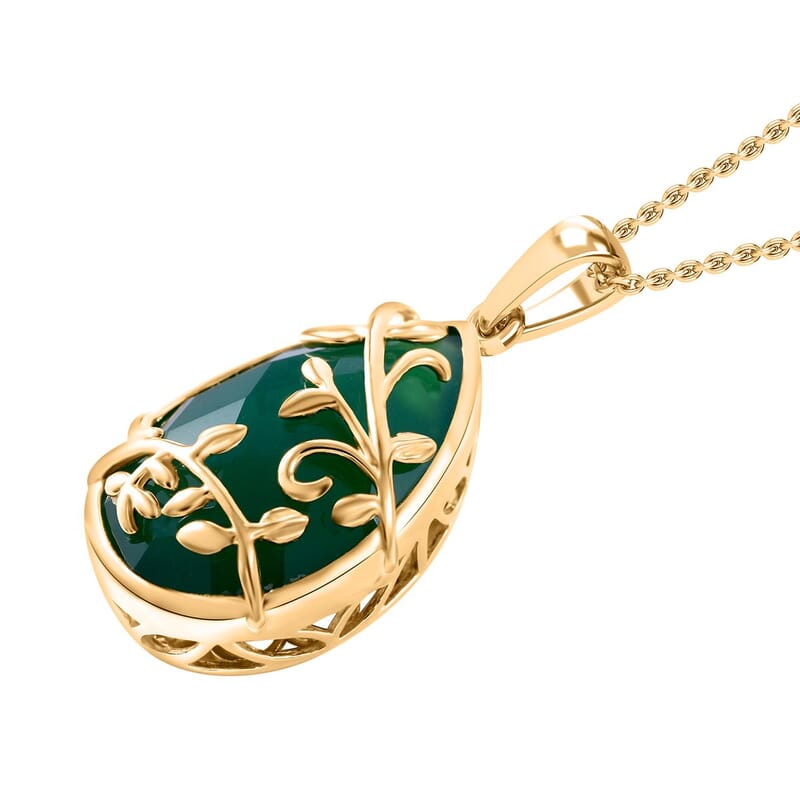 Verde Onyx 14.00 ctw Leafy Oasis Pendant Necklace 20 Inches in 18K Vermeil Yellow Gold Over Sterling Silver