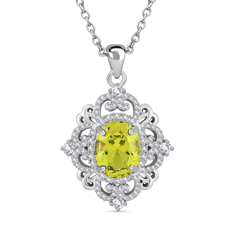 Simulated Peridot and Simulated Diamond 2.80 ctw Pendant Necklace in Silvertone 18 Inches