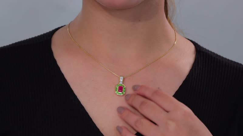 Premium Royal Ruby and Multi Gemstone 2.20 ctw Art Deco Pendant Necklace in 18K Vermeil Yellow Gold Over Sterling Silver 20 Inches