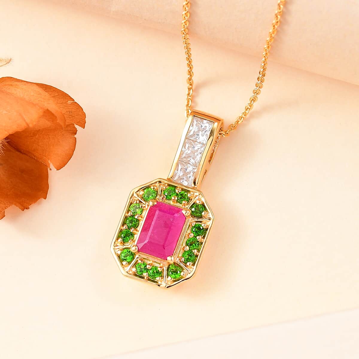 Premium Royal Ruby and Multi Gemstone 2.20 ctw Art Deco Pendant Necklace in 18K Vermeil Yellow Gold Over Sterling Silver 20 Inches image number 1