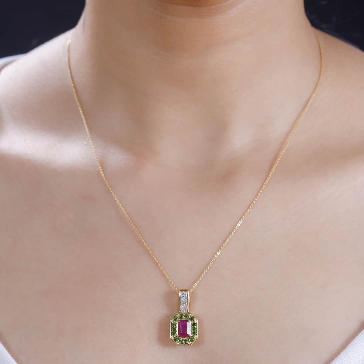 Premium Royal Ruby and Multi Gemstone 2.20 ctw Art Deco Pendant Necklace in 18K Vermeil Yellow Gold Over Sterling Silver 20 Inches image number 2