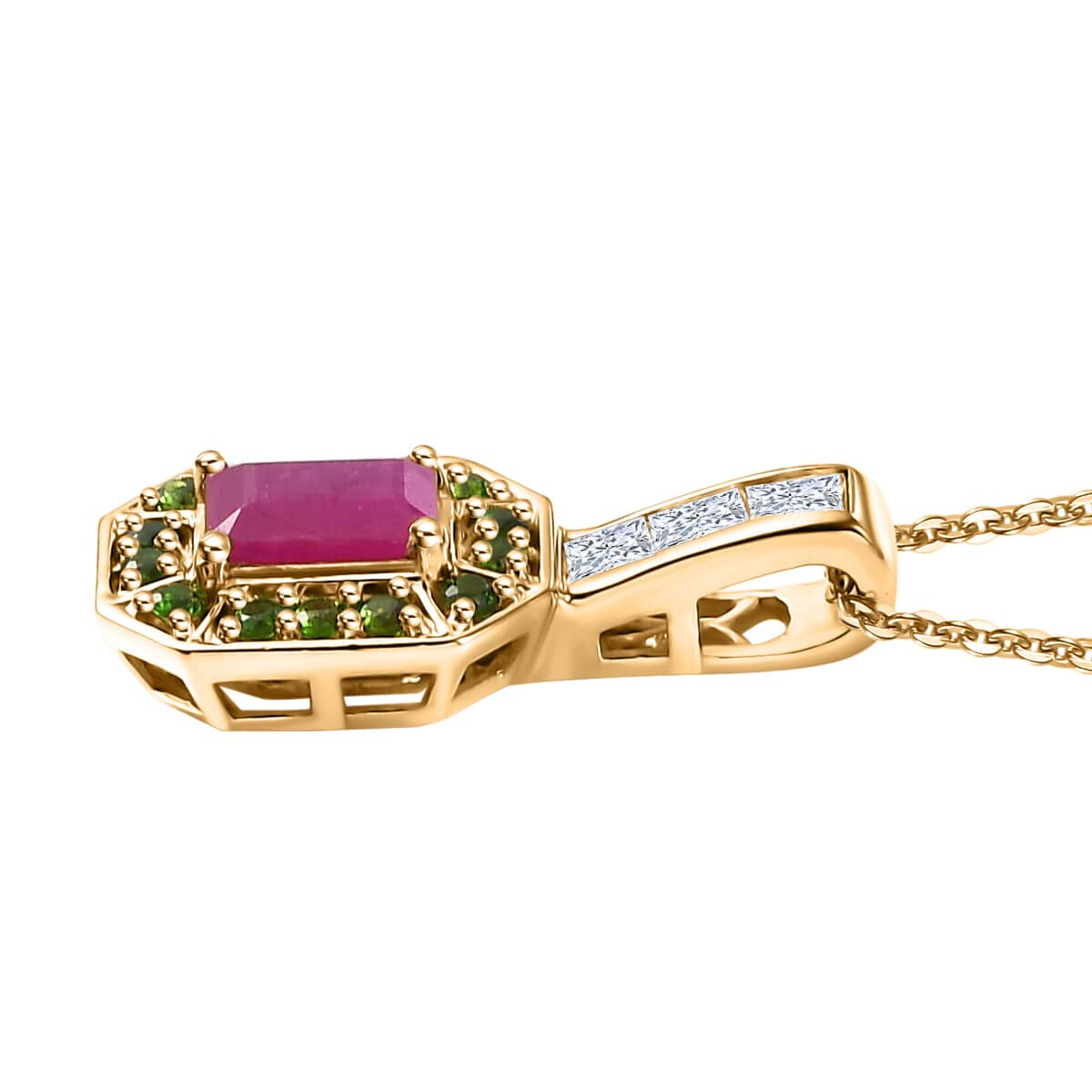 Premium Royal Ruby and Multi Gemstone 2.20 ctw Art Deco Pendant Necklace in 18K Vermeil Yellow Gold Over Sterling Silver 20 Inches image number 3