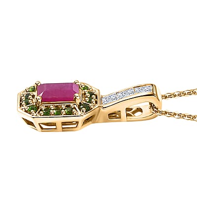 Premium Royal Ruby and Multi Gemstone 2.20 ctw Art Deco Pendant Necklace in 18K Vermeil Yellow Gold Over Sterling Silver 20 Inches