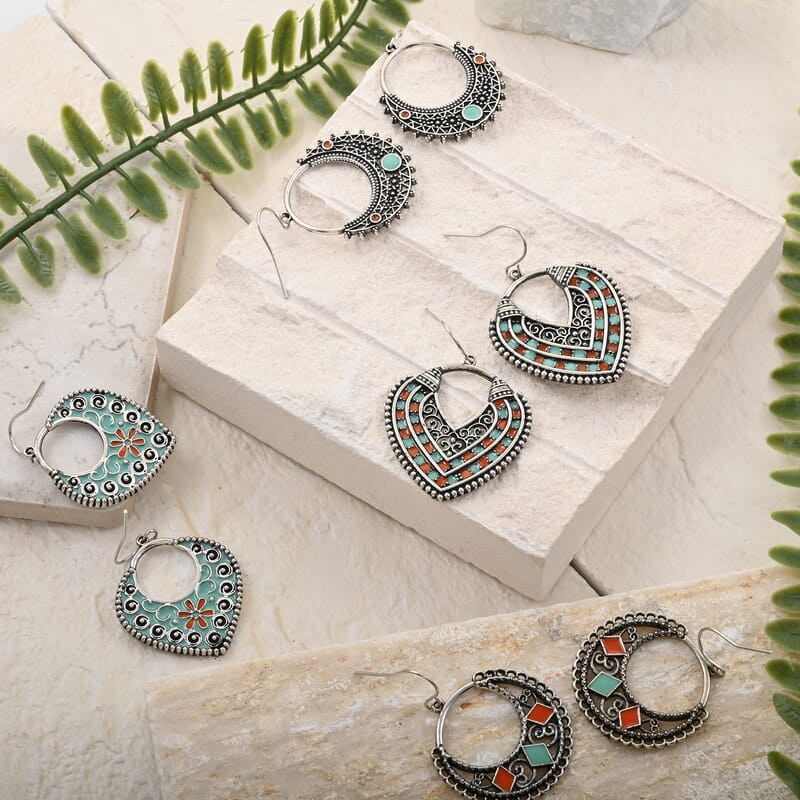 Set of 4 Canon Sky Enamel Bohemian Earrings in Silvertone