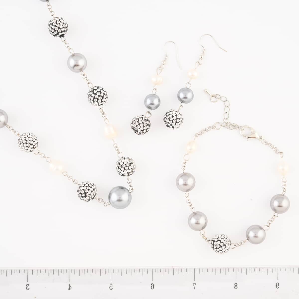 Set of 3, Frewsh Water Pearl and Simulated Diamond 18.75 ctw Necklace and Bracelet (8.00In) and Earrings in Silvertone 18 Inches image number 0