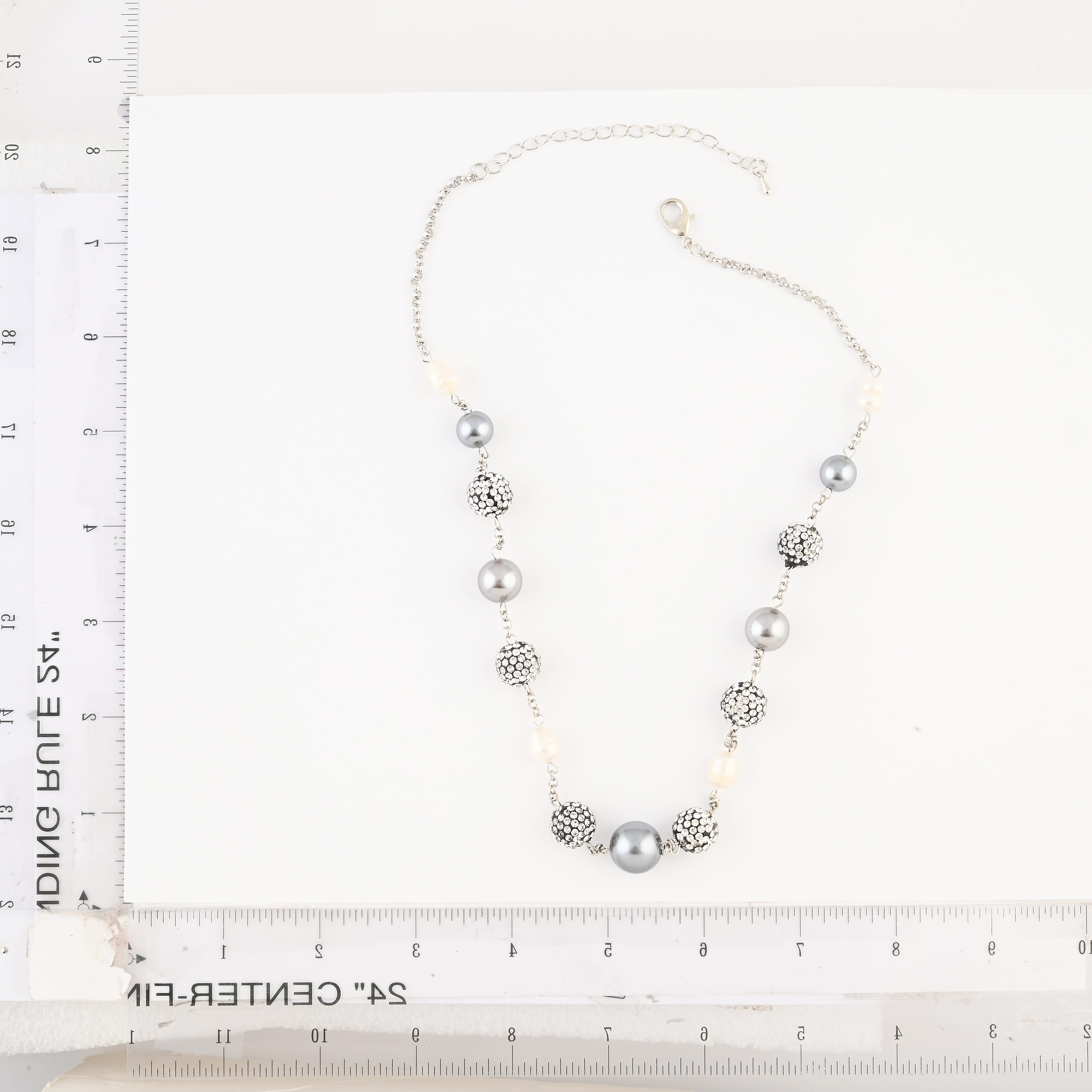 Set of 3, Frewsh Water Pearl and Simulated Diamond 18.75 ctw Necklace and Bracelet (8.00In) and Earrings in Silvertone 18 Inches