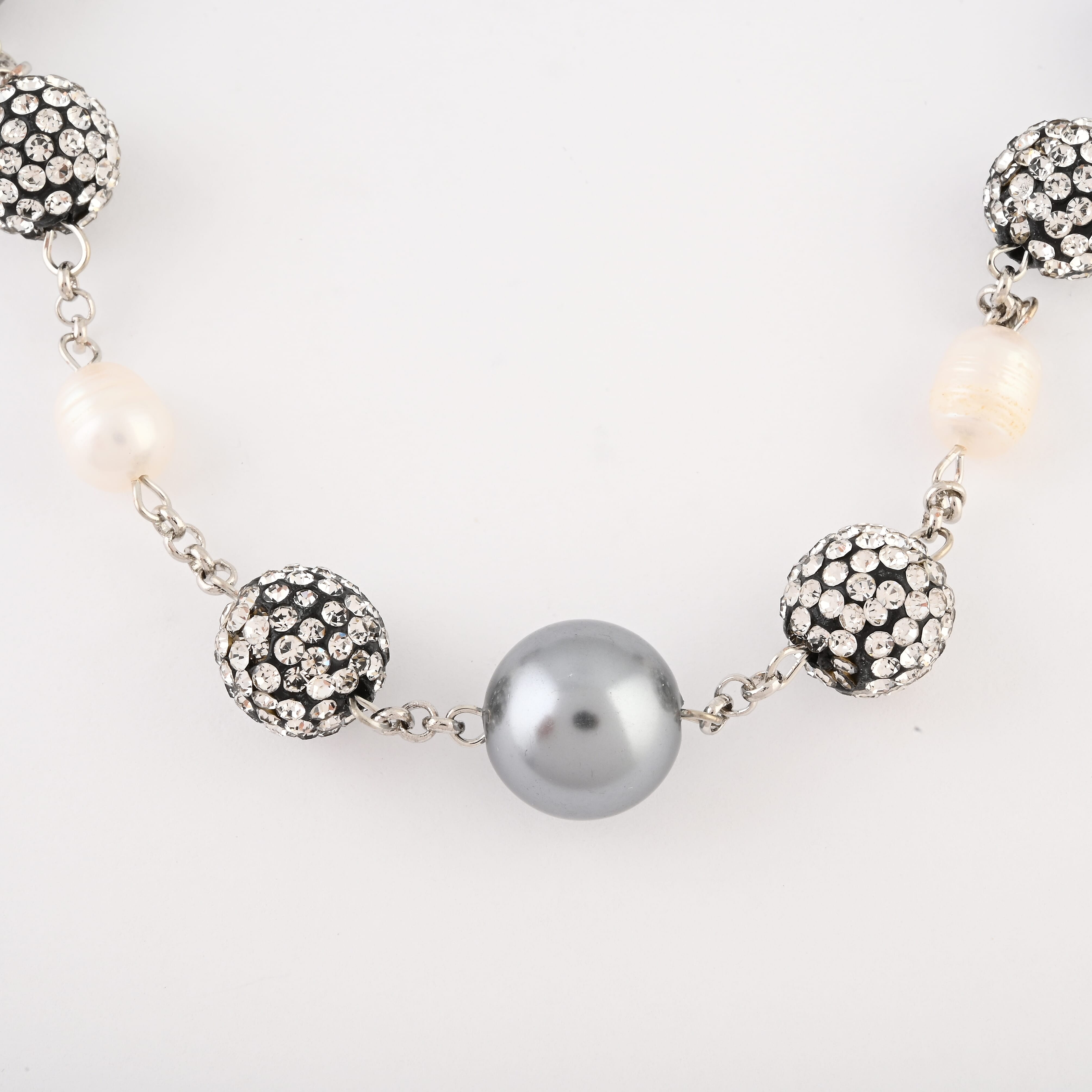 Set of 3, Frewsh Water Pearl and Simulated Diamond 18.75 ctw Necklace and Bracelet (8.00In) and Earrings in Silvertone 18 Inches