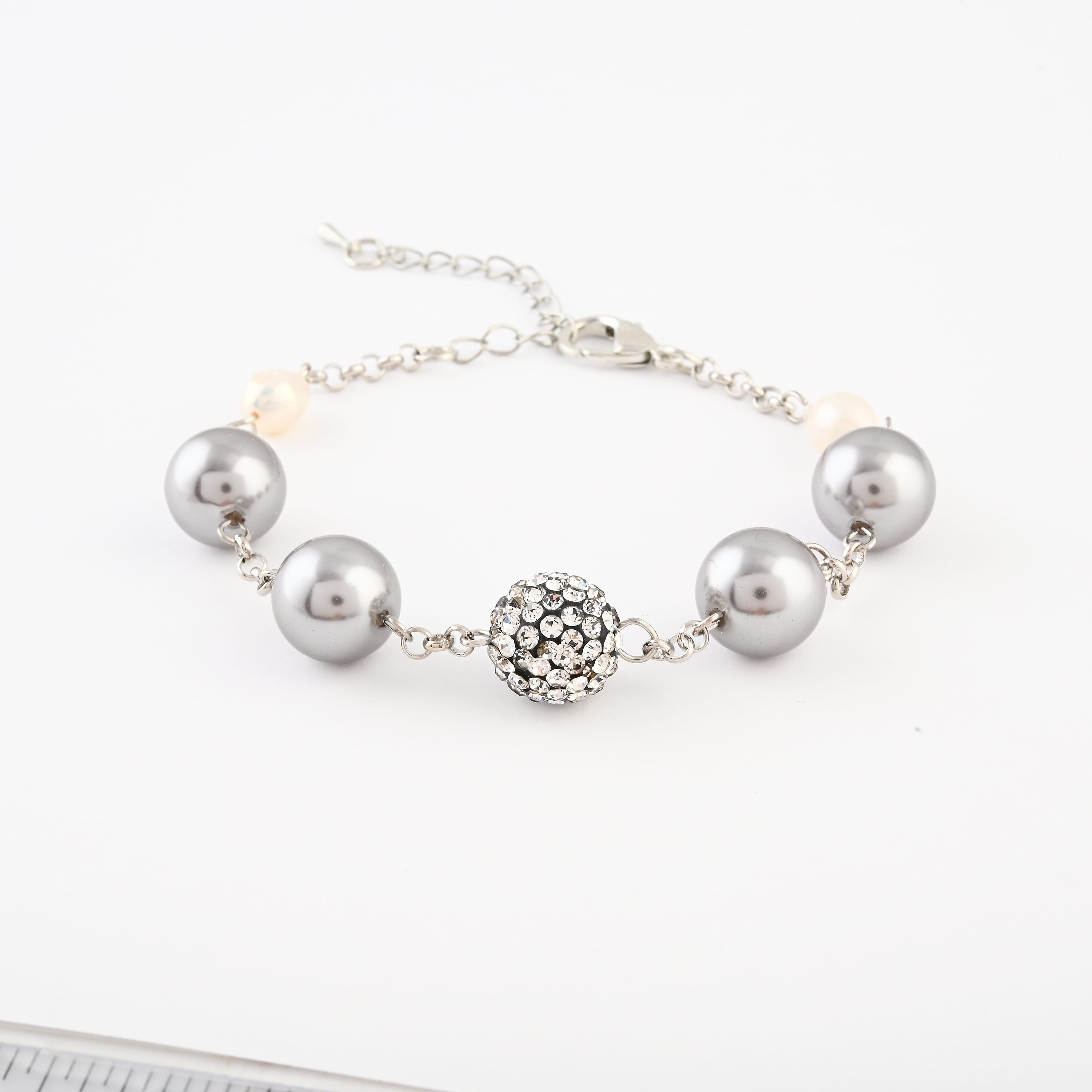 Set of 3, Frewsh Water Pearl and Simulated Diamond 18.75 ctw Necklace and Bracelet (8.00In) and Earrings in Silvertone 18 Inches