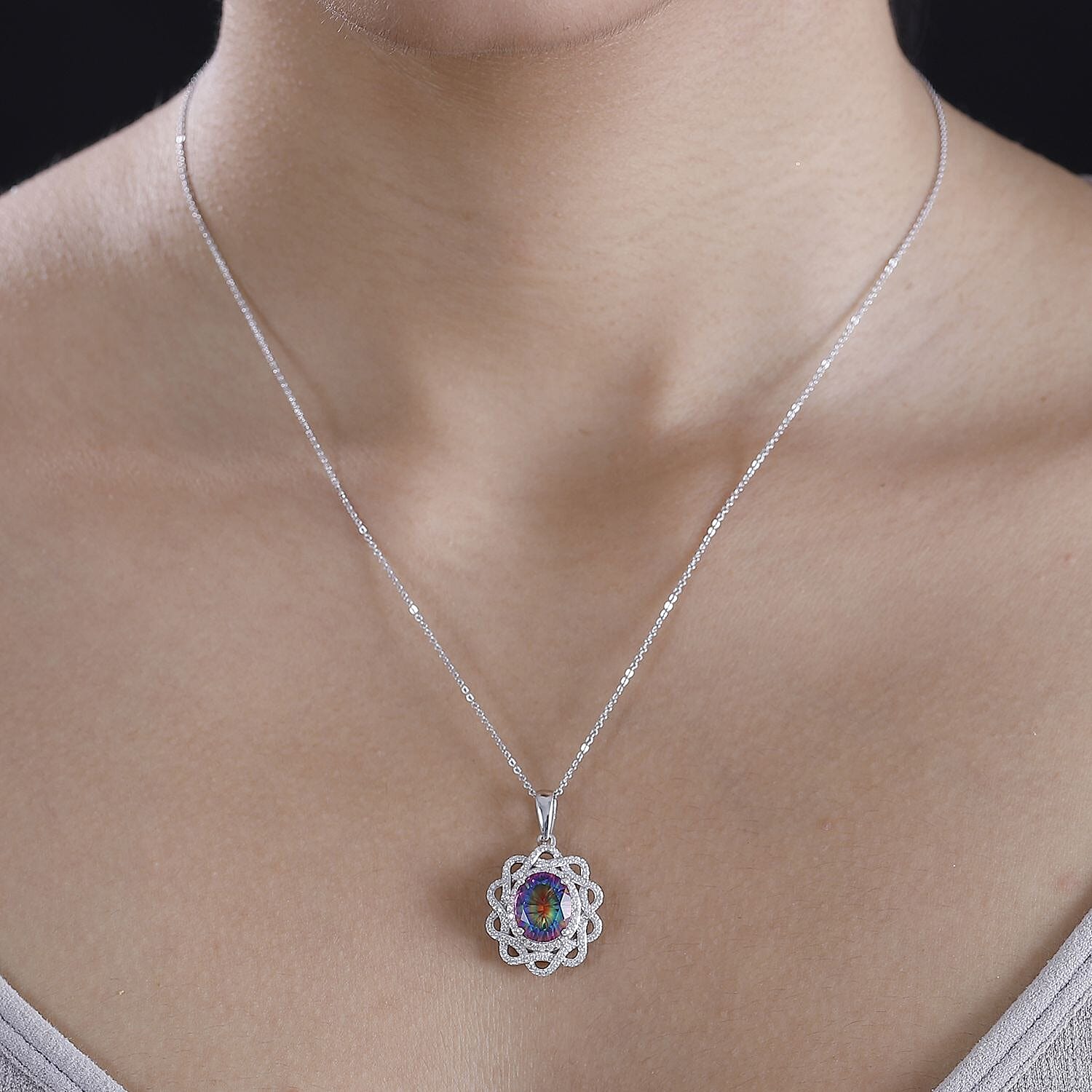 Nebula Quartz Doublet and Moissanite 4.65 ctw Eternal Spectrum Pendant Necklace in Rhodium Over Sterling Silver 20 Inches