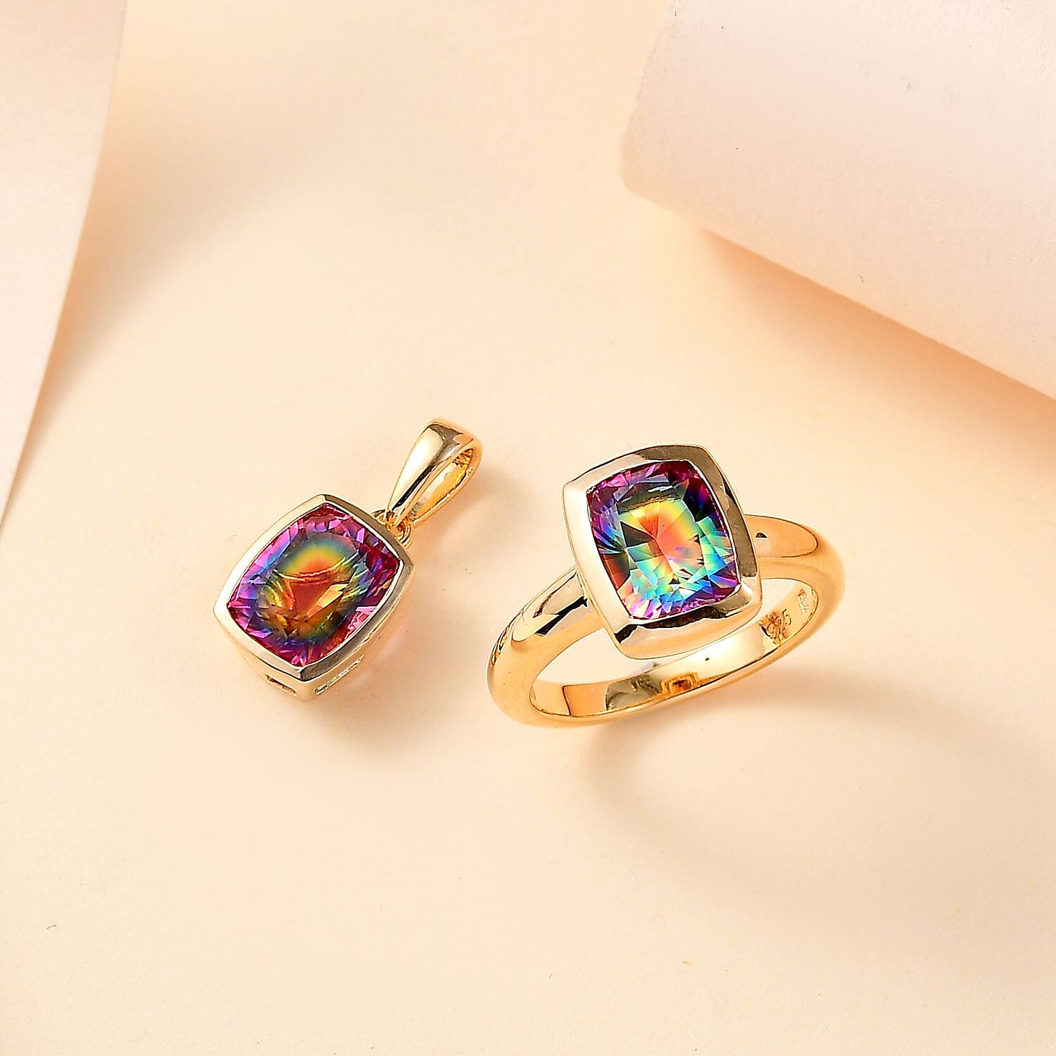 Nebula Quartz Doublet 7.52 ctw Ring (Size 10.0) and Pendant in Vermeil YG Over Sterling Silver