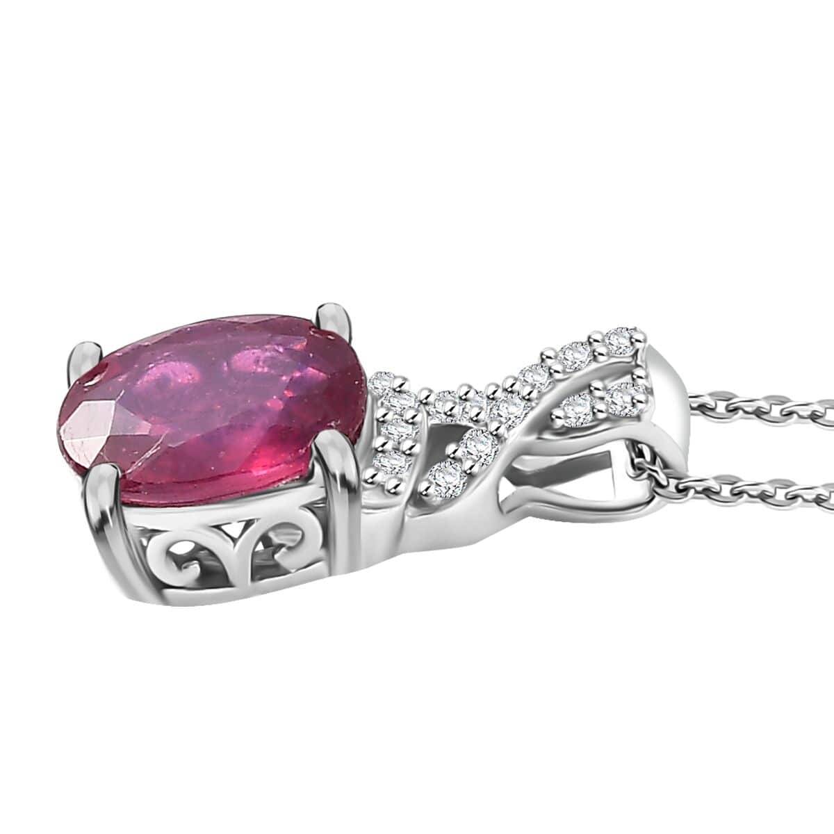 Premium Niassa Ruby (FF) and White Zircon 2.75 ctw Infinity Pendant Necklace in Rhodium Over Sterling Silver 20 Inches image number 3