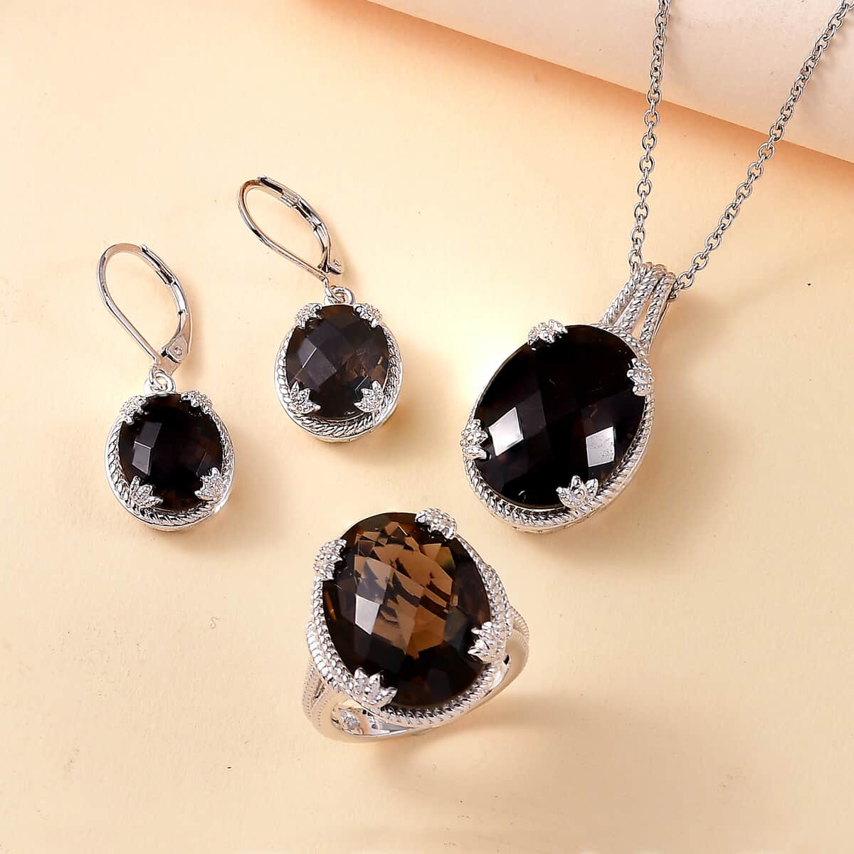 Karis Checkerboard Cut Brazilian Smoky Quartz 41.70 ctw Earrings, Ring (Size 7.0), Pendant in Platinum Bond with Stainless Steel Necklace 20 Inches image number 1