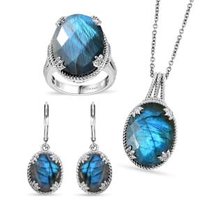Karis Checkerboard Cut Malagasy Labradorite 35.30 ctw Earrings, Ring (Size 7.0), Pendant in Platinum Bond with Stainless Steel Necklace 20 Inches
