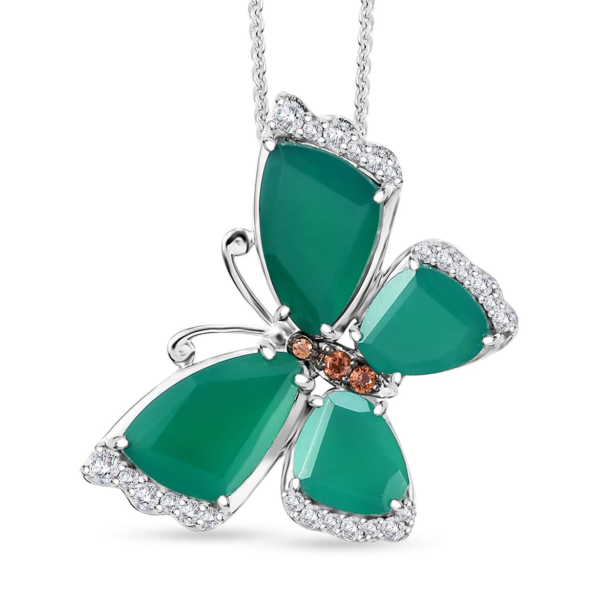 Verde Onyx, Brown and White Zircon 14.80 ctw Butterfly Pendant Necklace in Rhodium Over Sterling Silver 20 Inches image number 0