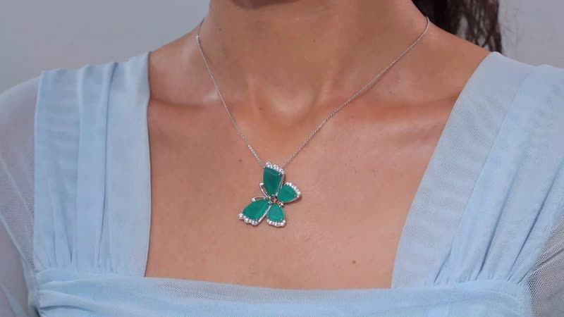 Verde Onyx, Brown and White Zircon 14.80 ctw Butterfly Pendant Necklace in Rhodium Over Sterling Silver 20 Inches