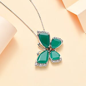 Verde Onyx, Brown and White Zircon 14.80 ctw Butterfly Pendant Necklace in Rhodium Over Sterling Silver 20 Inches
